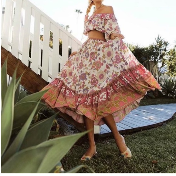 Boho Pink gypsy floral print ruffle hem Maxi skirt - Picture 2 of 5